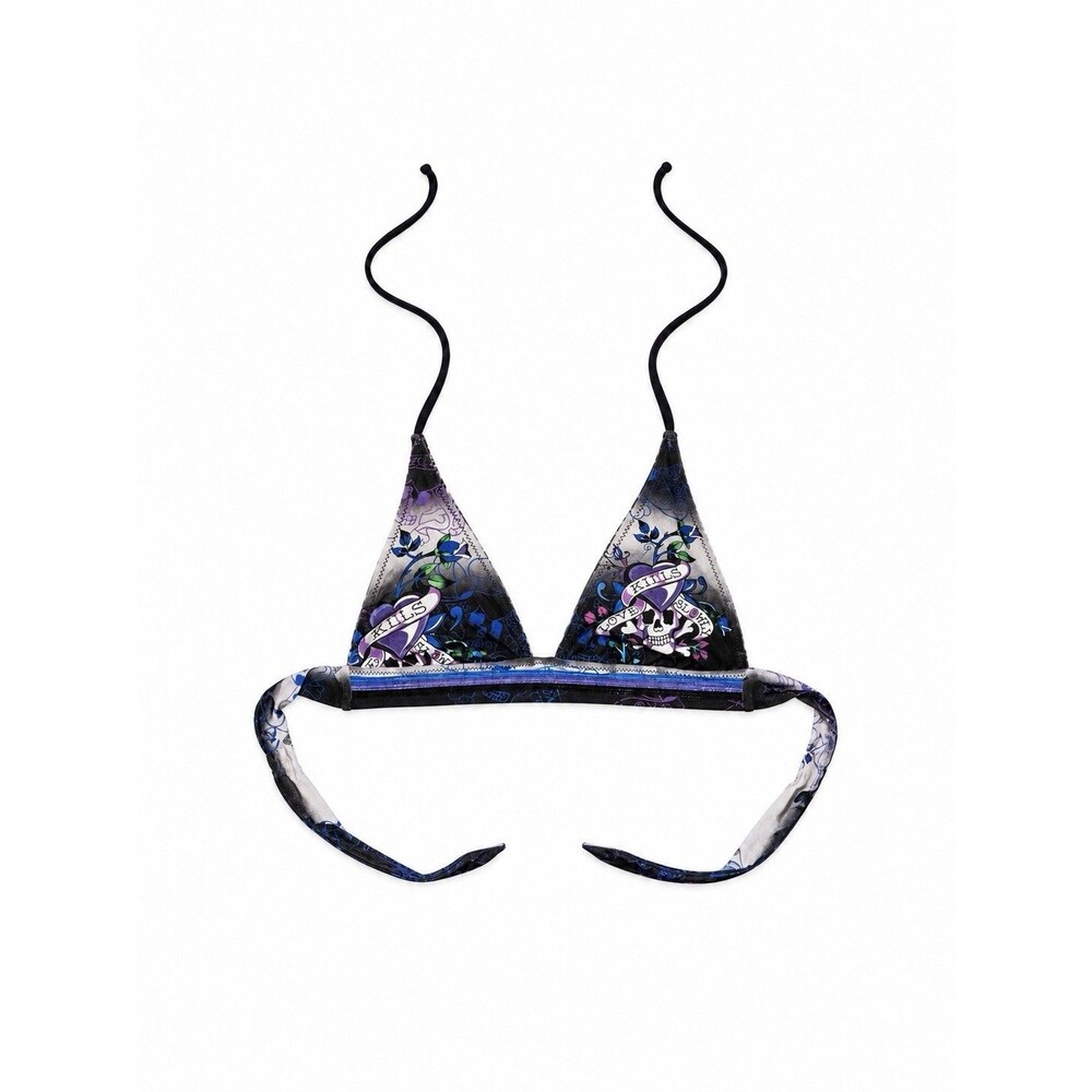 Vintage Y2K Ed Hardy Love Kills Slowly Skull Halter Bikini Top Tattoo Print